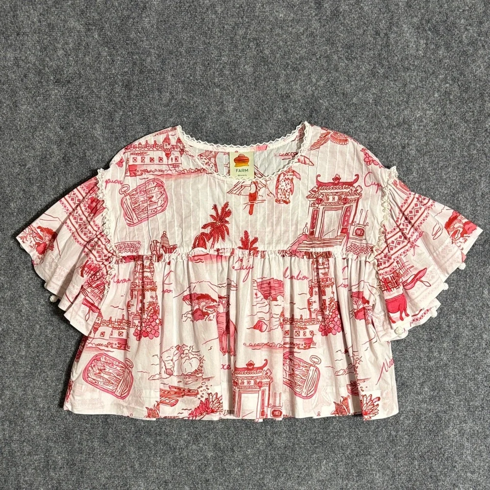FARM Rio Nossa Lingua Blouse M Red Toile Boho Luxe Statement Top - Picture 2 of 5